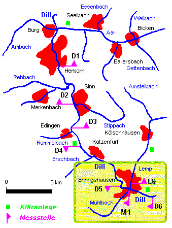 Klicken Sie zur Anzeige der gemessenen Werte auf das entsprechende Gewässer im Bereich des grünen Rechtecks.